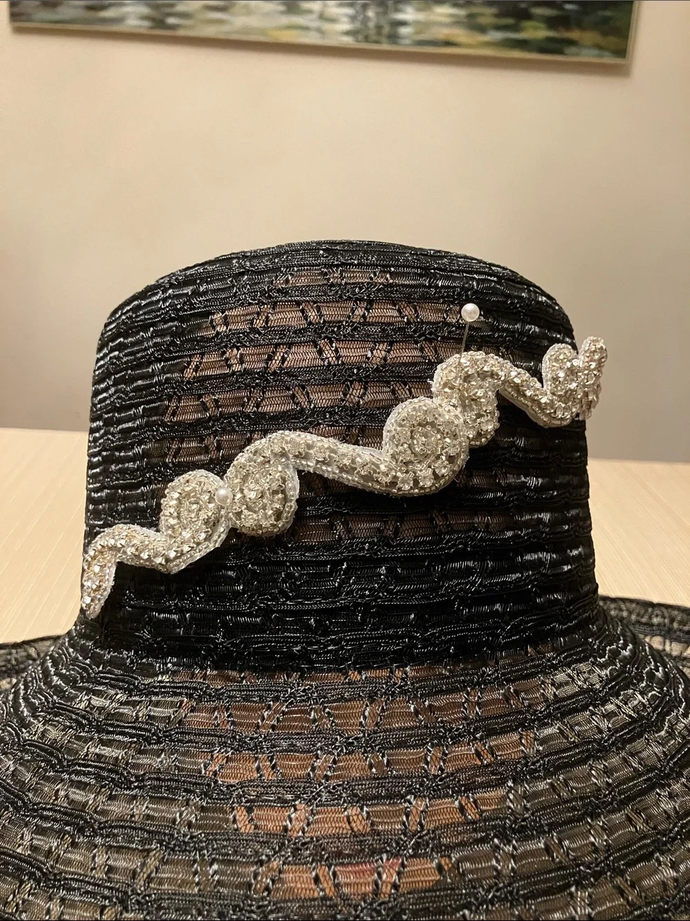 Elegant Black Women's Wide-Brim Hat with Silver Rhinestone Beaded Motif Accents